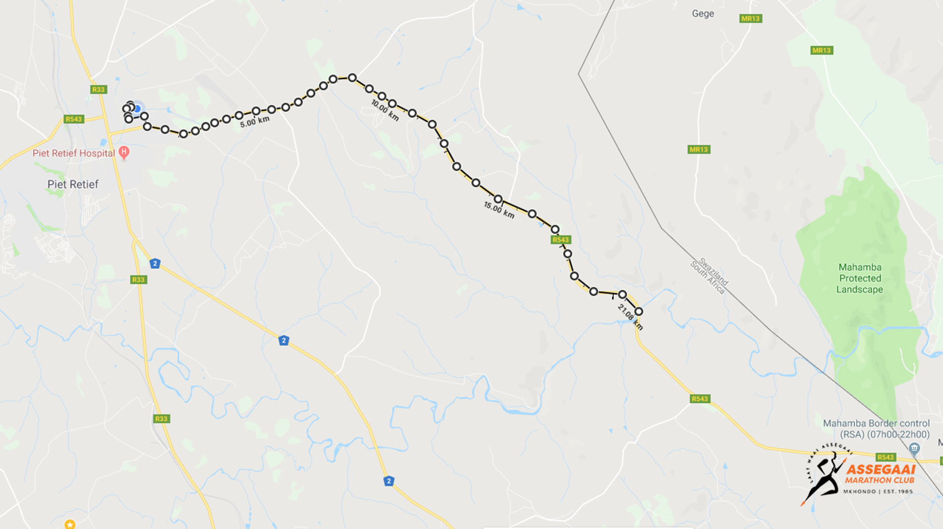 Route map — TWK Assegaai 3-in-1 Marathon